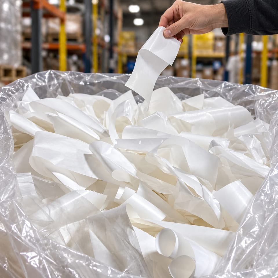 Une main dépose un endos d'étiquette dans un grand sac de collecte