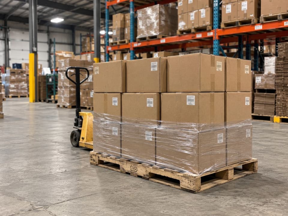 A pallet of labelled cartons ready for an Amazon warehouse