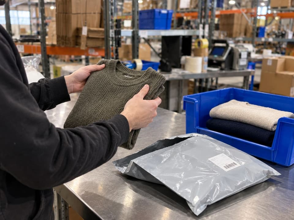 Un chandail retourné, inspecté sur la table, à côté de son enveloppe de retour