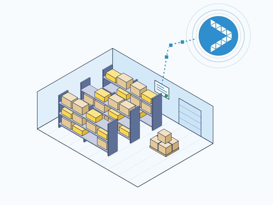 Illustration: a warehouse with its racks and boxes, connected to ShipTo's tools